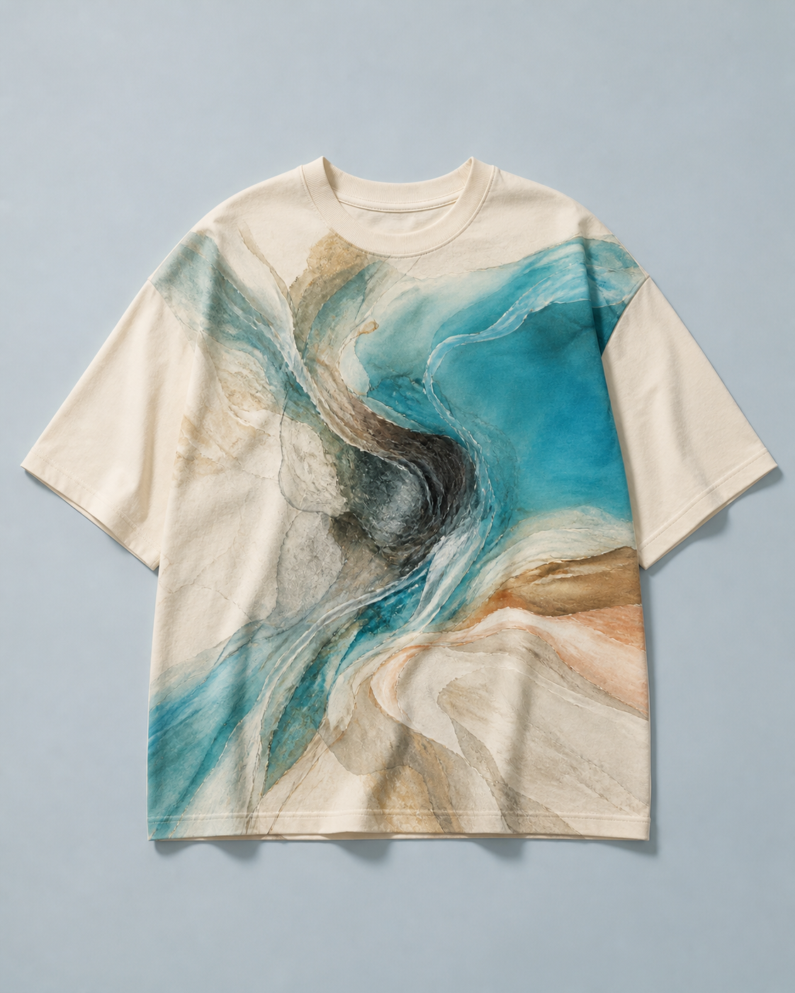 Camiseta oversize clara con composición azul Nudo de agua
